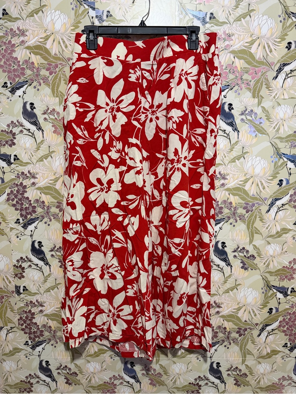 Crimson Floral Midi Skirt with White Blooms